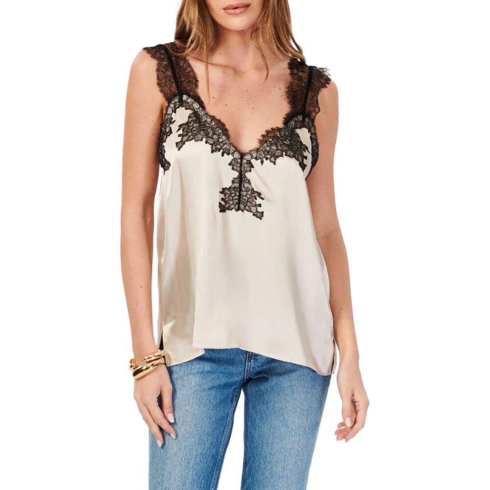 Cami NYC The Lauren Lace Trim Silk Camisole V-Neck Oat Neutral Sz XS